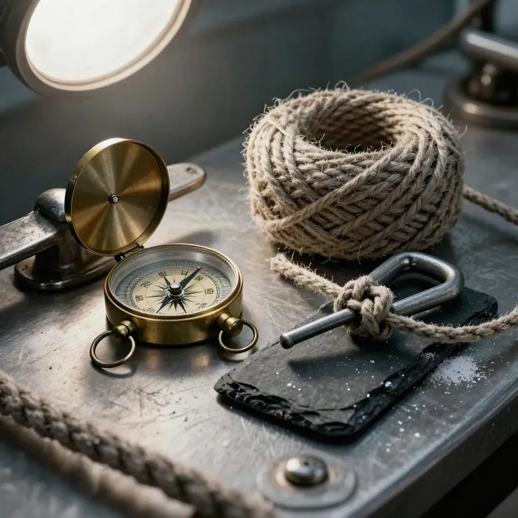 Macro still life of brass compass, dock cleat, twine coil, and steel shackle on brushed metal.