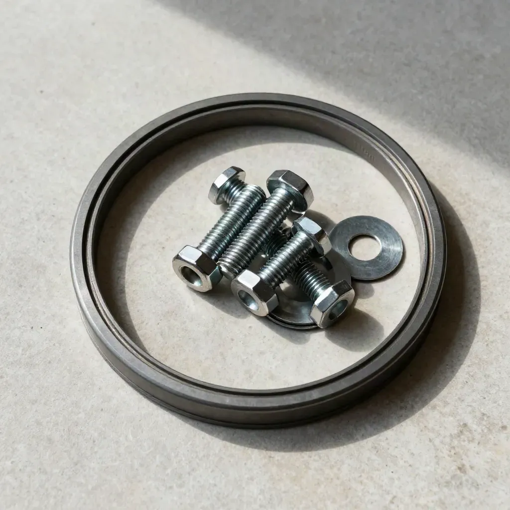 Top-down metal still life on pale stone: bearing race, hex bolts, and washer stack