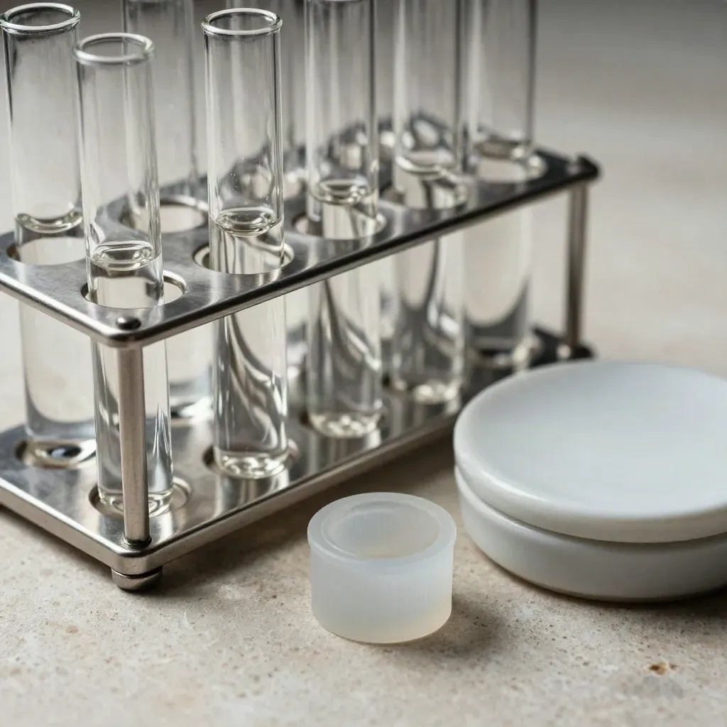 Biotech sampling vials in a steel rack beside a sealed ceramic dish on pale stone