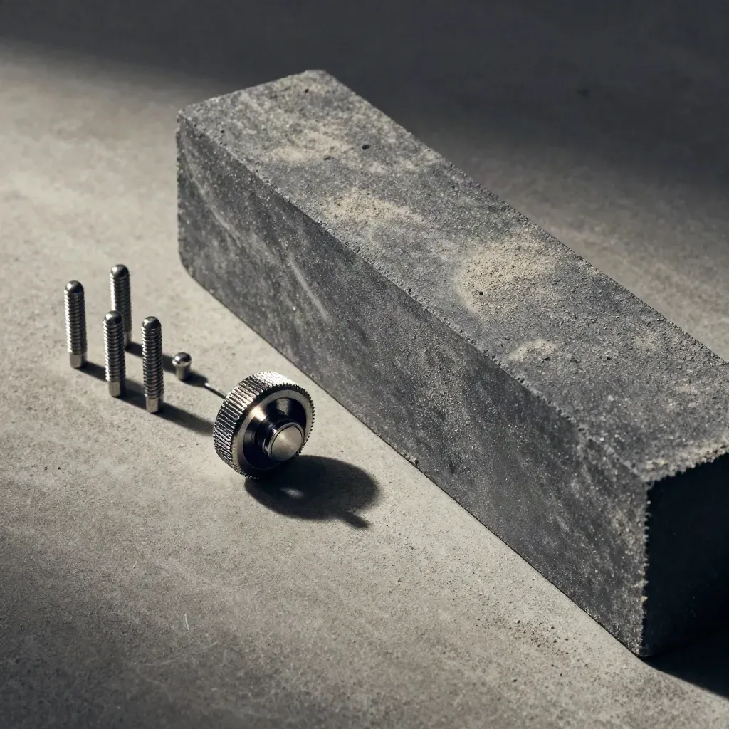 Alignment pins and a calibration wheel on concrete, with a graphite block and dust.