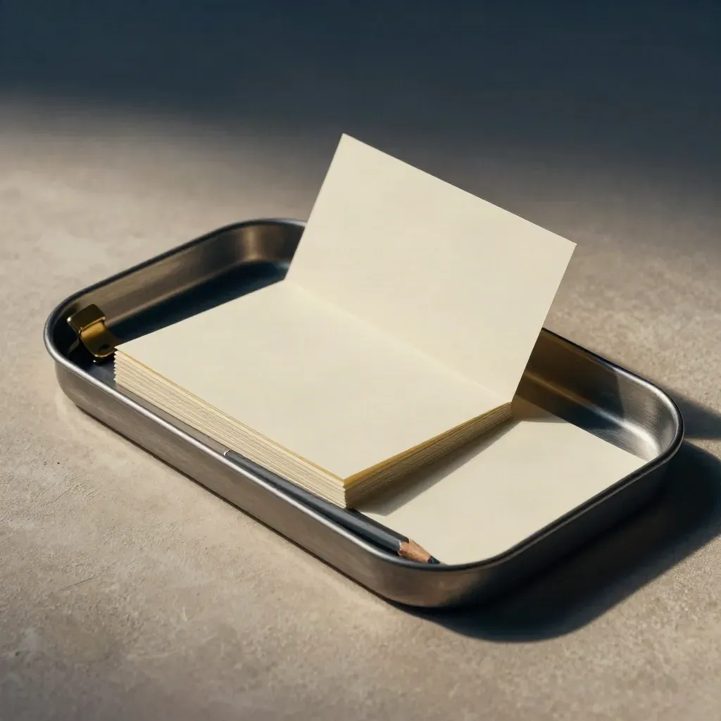 Memo tray with blank folded cards, brass clip and pencil on warm plaster, one card sliding out.