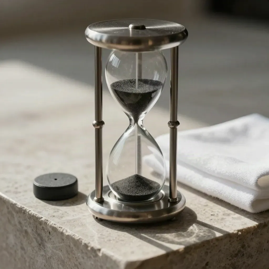 Macro hourglass with charcoal sand and steel caps on brushed stone