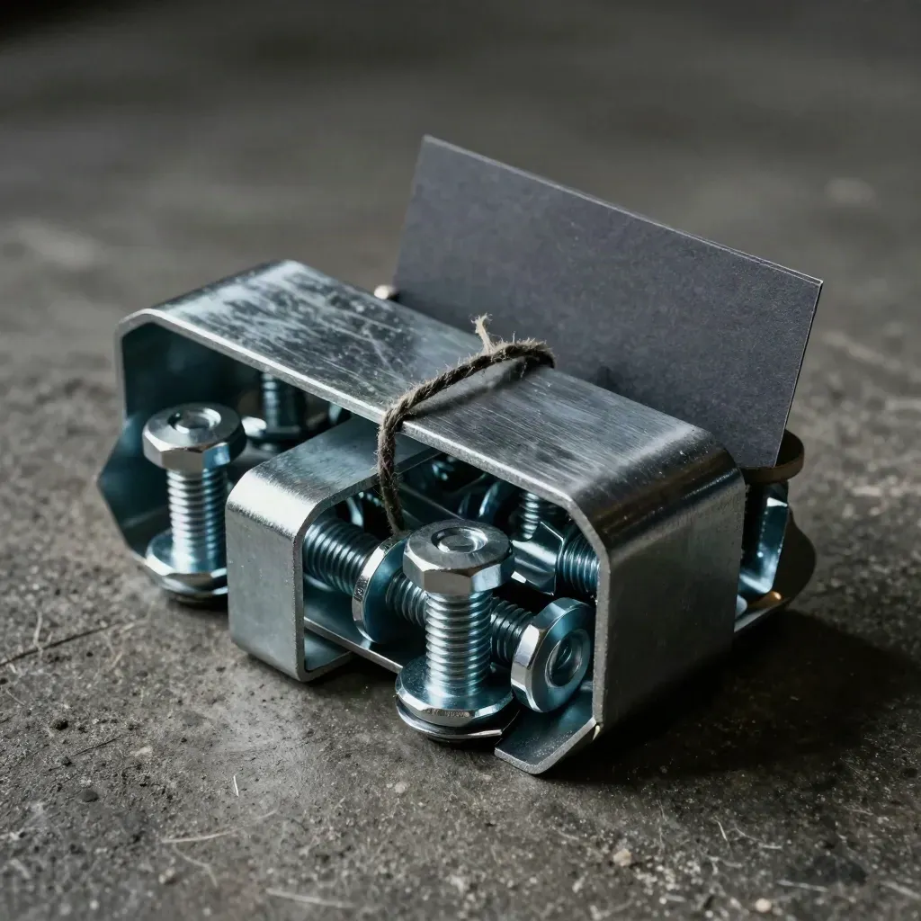 Steel brackets and anchor bolts on dark concrete with a wrapped seal, lit dramatically.