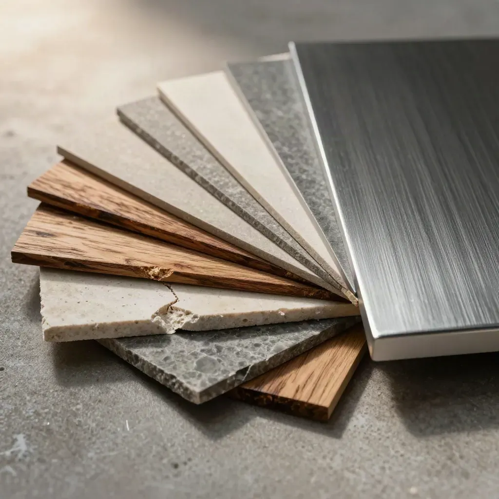 Architecture sample kit: wood veneers, stone cores, and a chamfered metal corner sample on concrete.