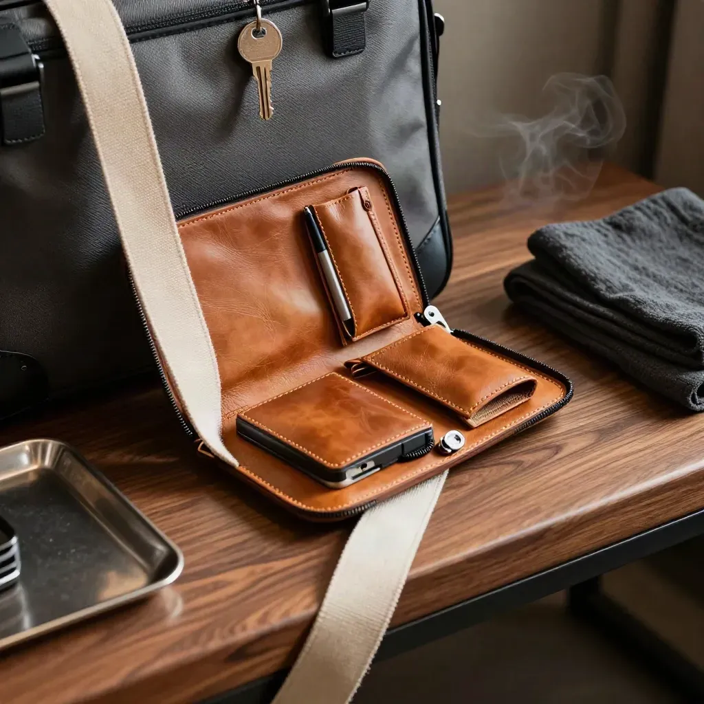 Freelancer travel kit with leather folio, cable pouch and drive case on a hotel bench.