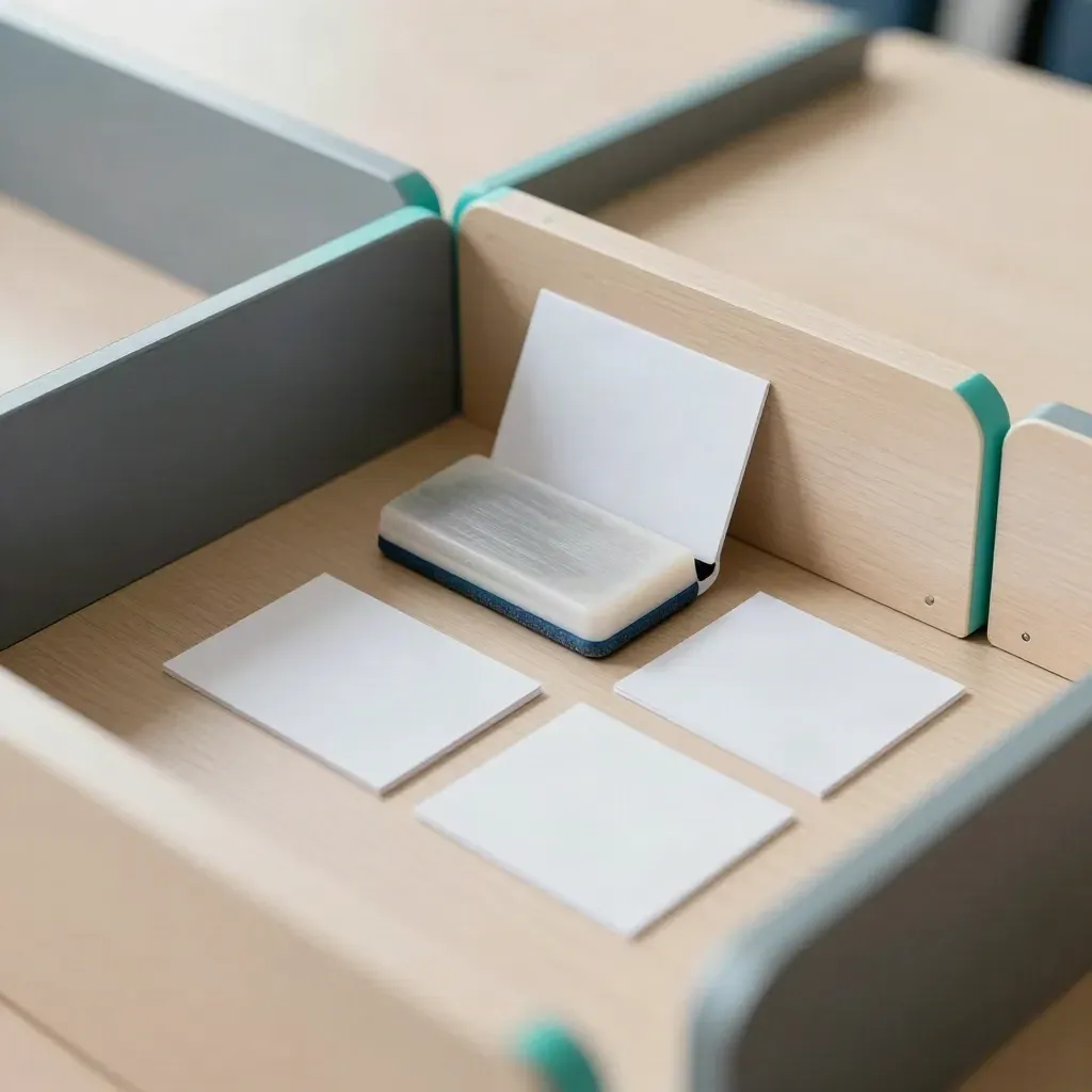 Startup stand-up blocks, whiteboard eraser and cue cards on pale wood, seen from above.