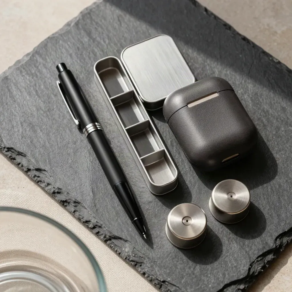 Top-down kit with pen, index box, earbuds case and page weights on stone.