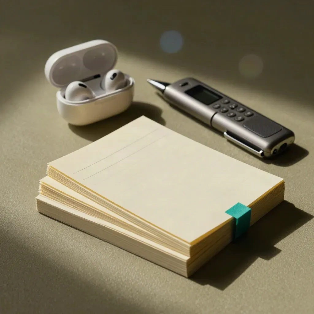 Meeting-notes still life with memo cards, pen, earbuds and recorder on warm plaster.