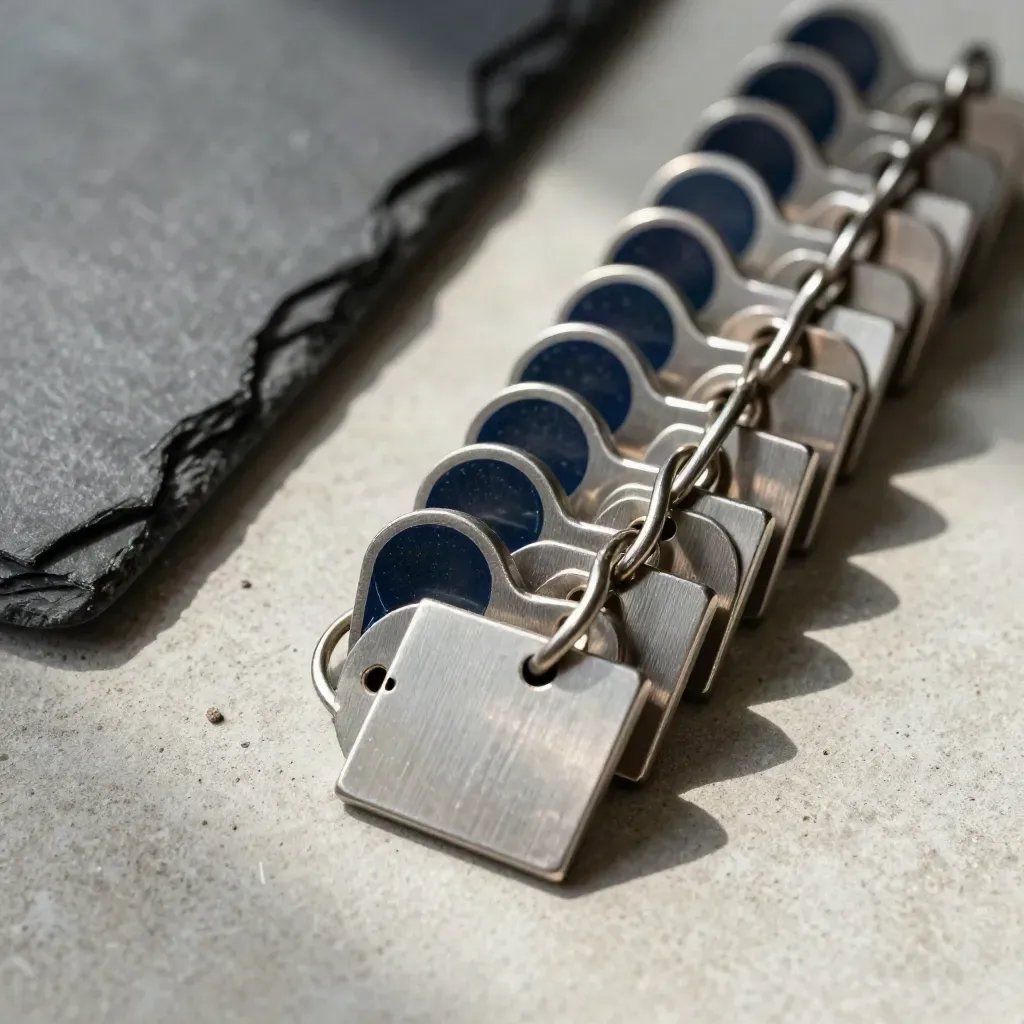 Overhead close-up of metal task tokens and a slate holder on concrete.