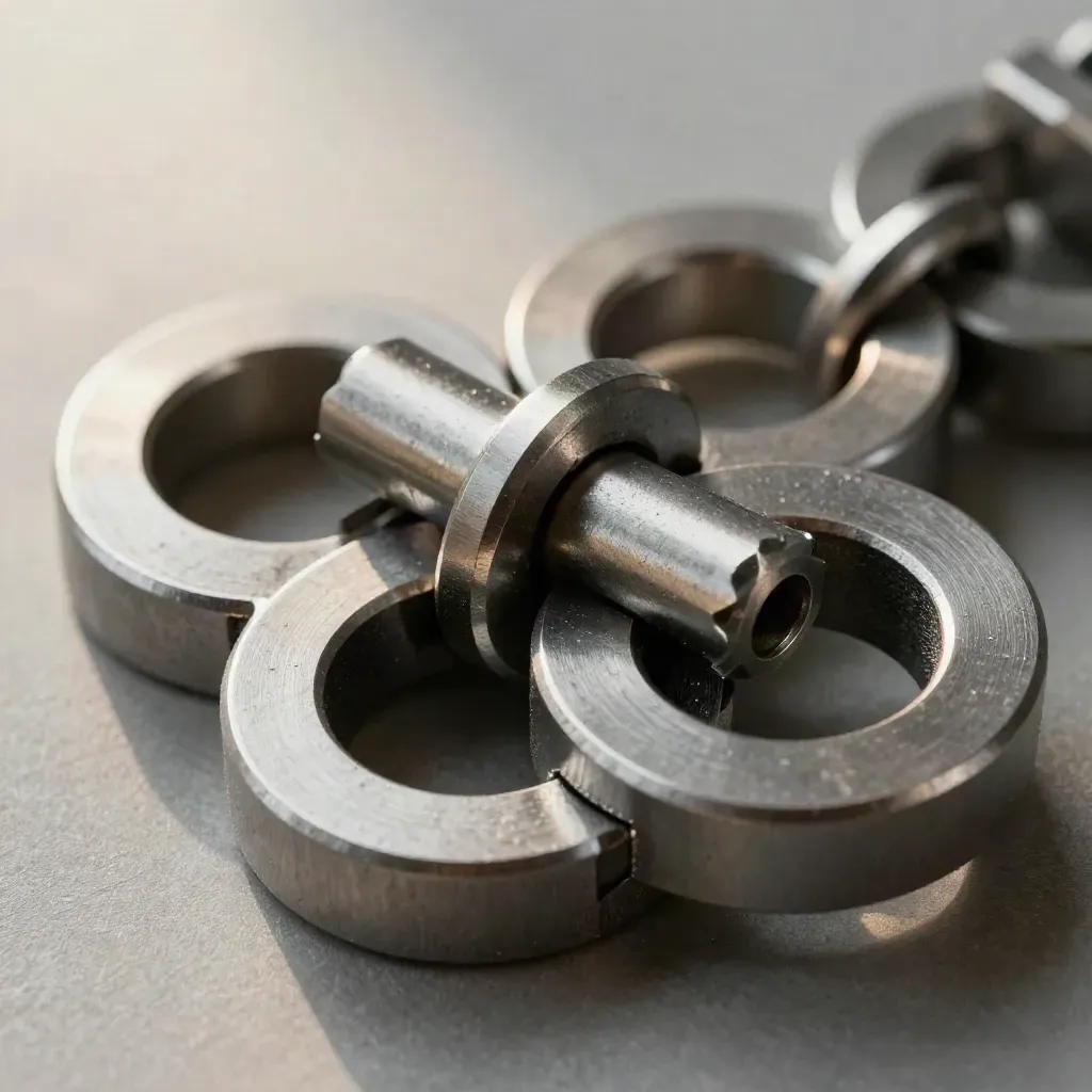 Top-down macro of linked metal rings, a connector pin and modular block on brushed metal
