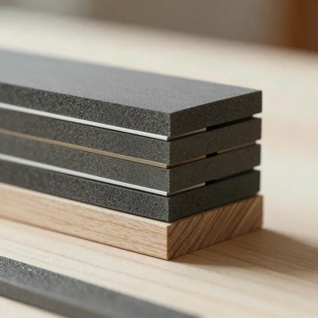 Graphite modular blocks and dovetail joint on pale wood, softly lit in extreme macro