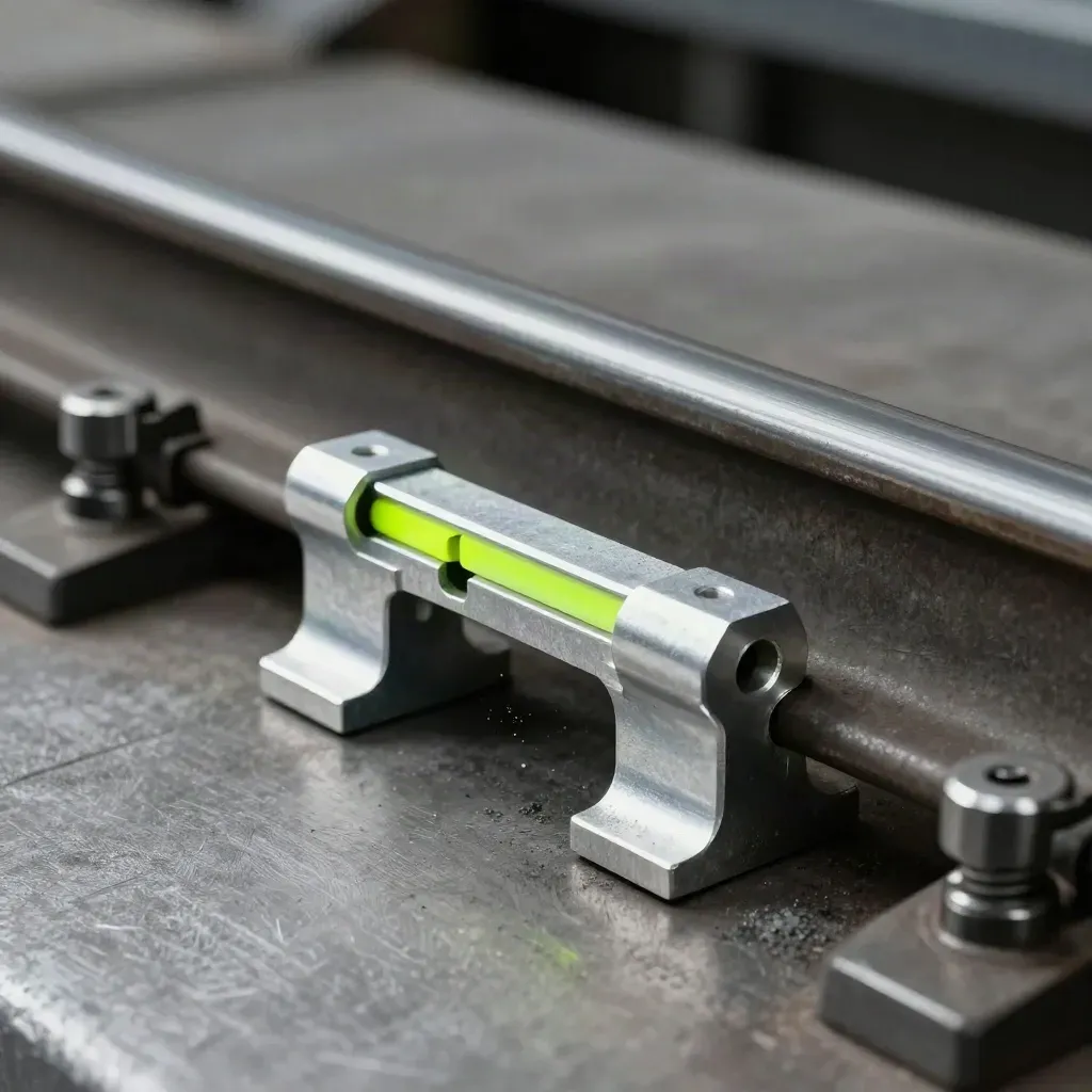 Precision rails and an aluminum coupler on brushed steel, lit dramatically with a lime accent.