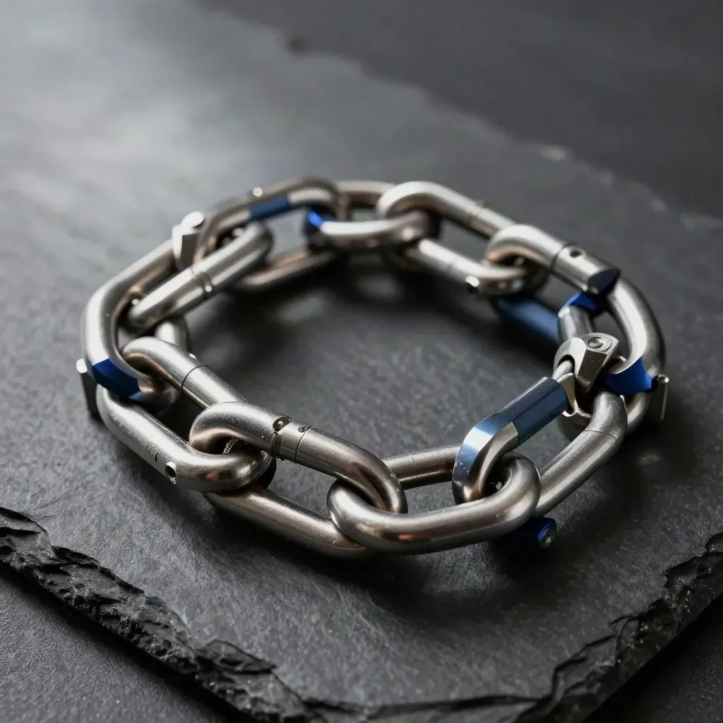 Overhead close-up of chain links, hex standoffs and a lattice connector on dark slate.