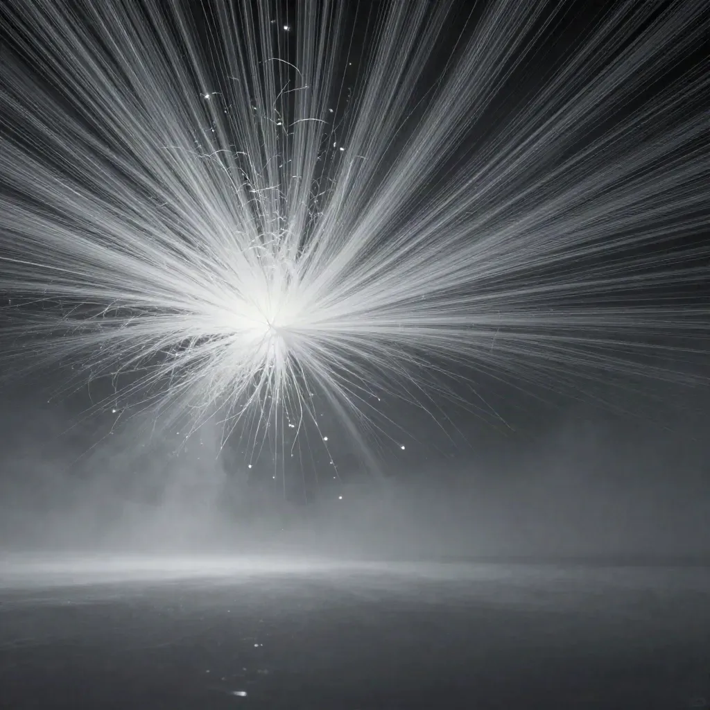 Abstract silver light filaments converge into a soft white bloom in graphite haze.